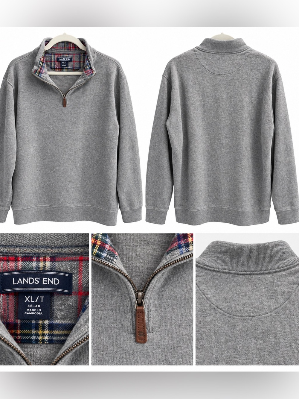 Lands' End Men’s Gray Quarter-Zip Sweatshirt with Plaid Collar Trim